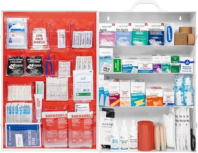 MFASCO Commercial Wall Mount 4 Shelf First Aid Kit - OSHA & ANSI Compliant, Refillable Metal First Aid Cabinet for Busines...