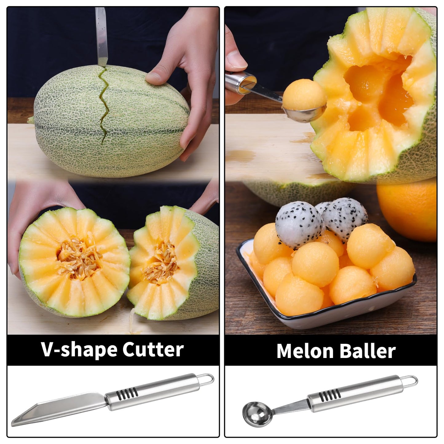 BURLIHOME Stainless Steel Fruit Carving Knife Set, 5 Pack Vegetable Engraving Blades for Kitchen, Melon Baller Scoop,Lemon Zester, Garnish Peeler,Crinkle Knife,V-shape Cutter