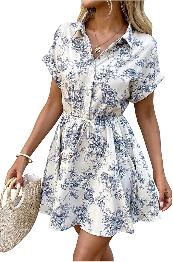 SOLY HUX Women's Floral Print Button Short Sleeve Summer Boho Flowy Short Dress Beach Vacation Clothes