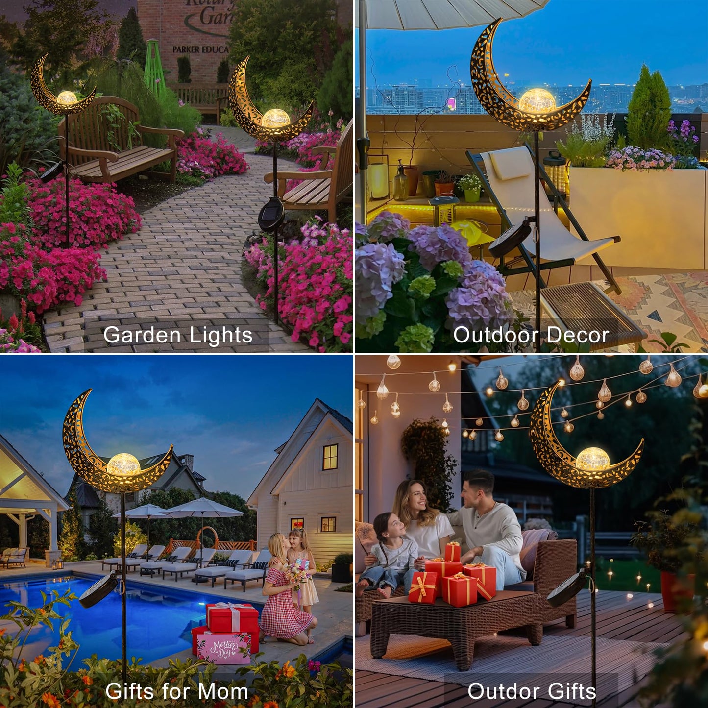 2Pack Moon Garden Solar Lights Outdoor Stakes Waterproof, Gifts for Mom, Crackle Glass Halloween Backyard Decor Balcony Lawn Ornaments, for Women Men Grandma (Bronze)