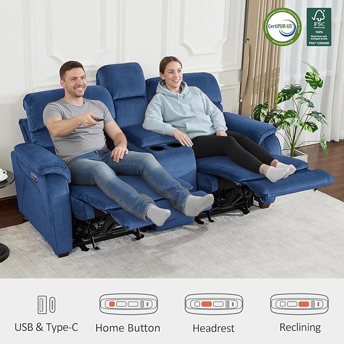 MCombo 73.8'' Wall Hugger Power Loveseat Recliner, Reclining Loveseat with Console, Adjustable Headrest, USB Charge Ports, Cup Holders, for Living Room, RVs, Small Spaces, Fabric ST258M2 (Navy Blue)