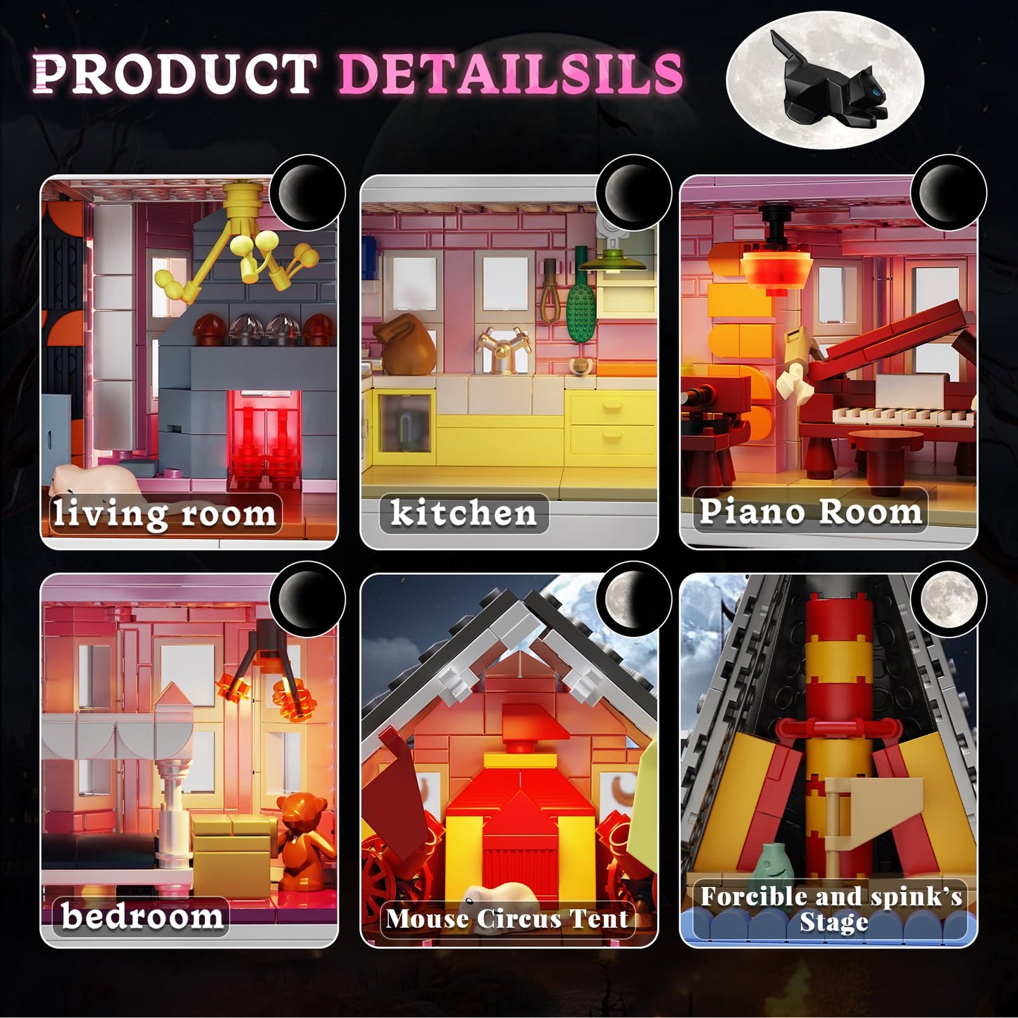 Pink Palace House Building Set with Lights, Halloween Haunted House Blocks Toy, Halloween House Kit for Kids Adults, Compatible with Lego, Christmas for Girls and Boys, Aged 8+ (1349PCS)