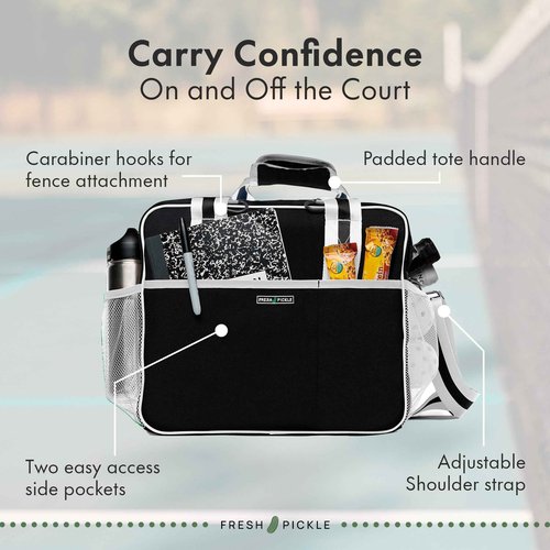 Fresh Pickle Lola Pickleball Tote Bag for Women, Designer Pickleball Bag with Paddle Storage, Zip Pockets & Shoulder Strap, Chic & Durable Pickle Ball Bags, Water-Resistant Canvas, Black/Ivory
