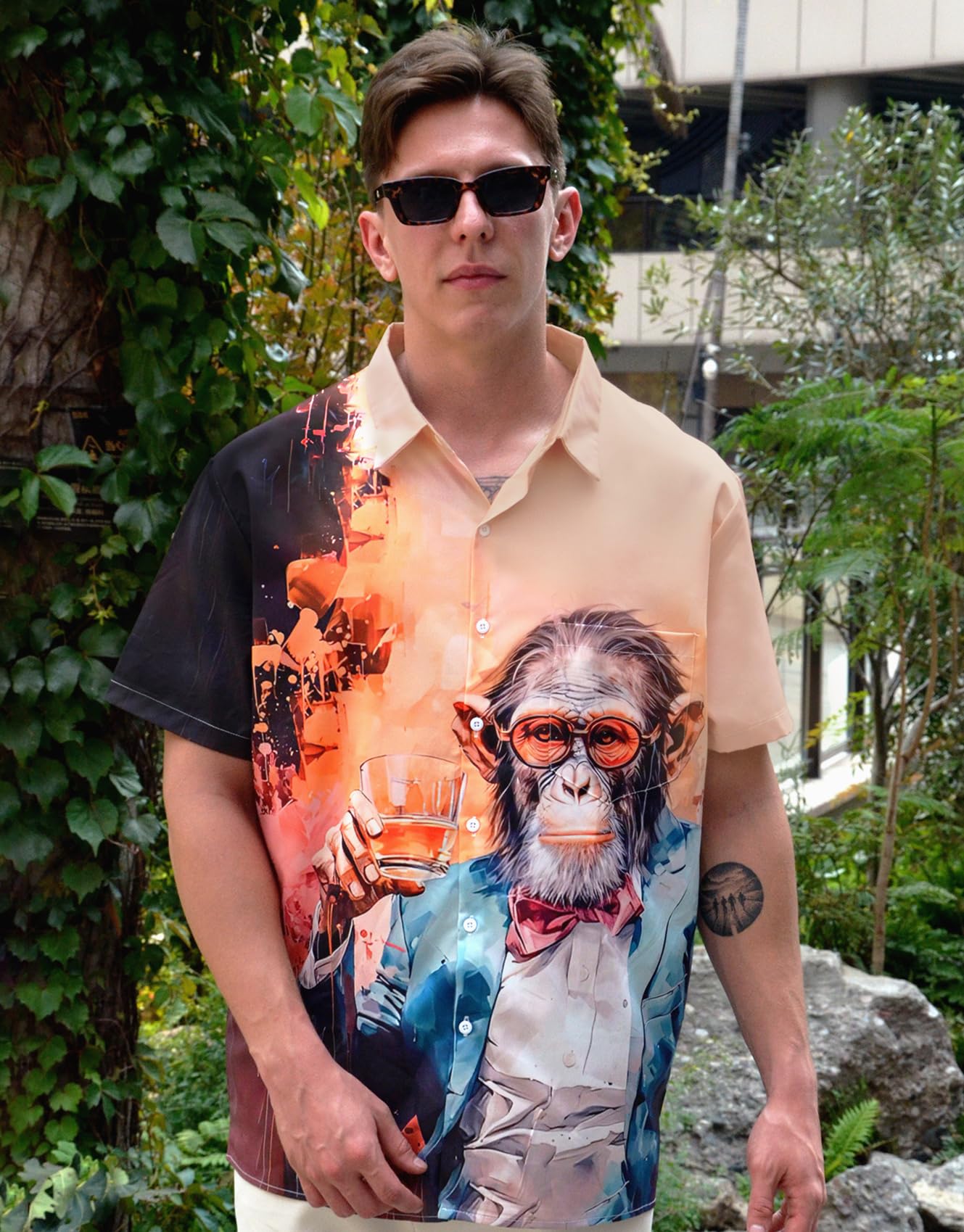 Men's Hawaiian Button Down Shirt, Monkey Print Design, Short Sleeve Regular Fit, Black and Brown