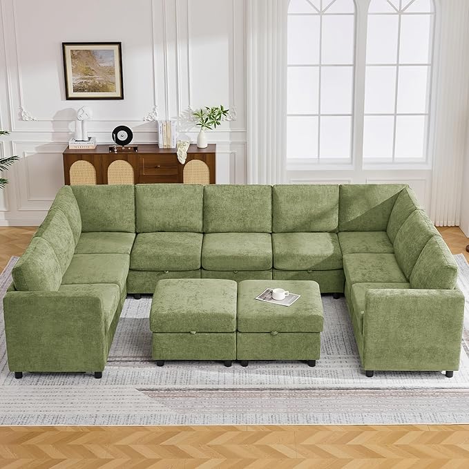 127'' Oversized U Shaped Modular Sofa, Sectional Couches with Storage for Living Room, Modern 9 Seater Cloud Sectional Couch with Movable Ottoman, Chenille Green