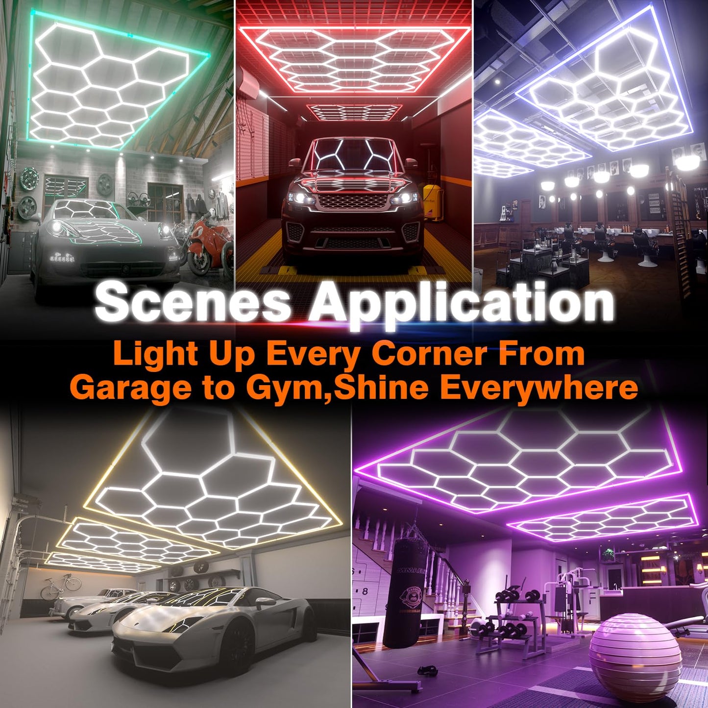 Litezone Hexagon Garage Lights, 14 Grids Hexagon LED Lights with Rectangle Frame, 603W 6500K Super Bright Honeycomb Light for Warehouse, Car Detailing Shop, Exhibition Hall, Gym(Red)