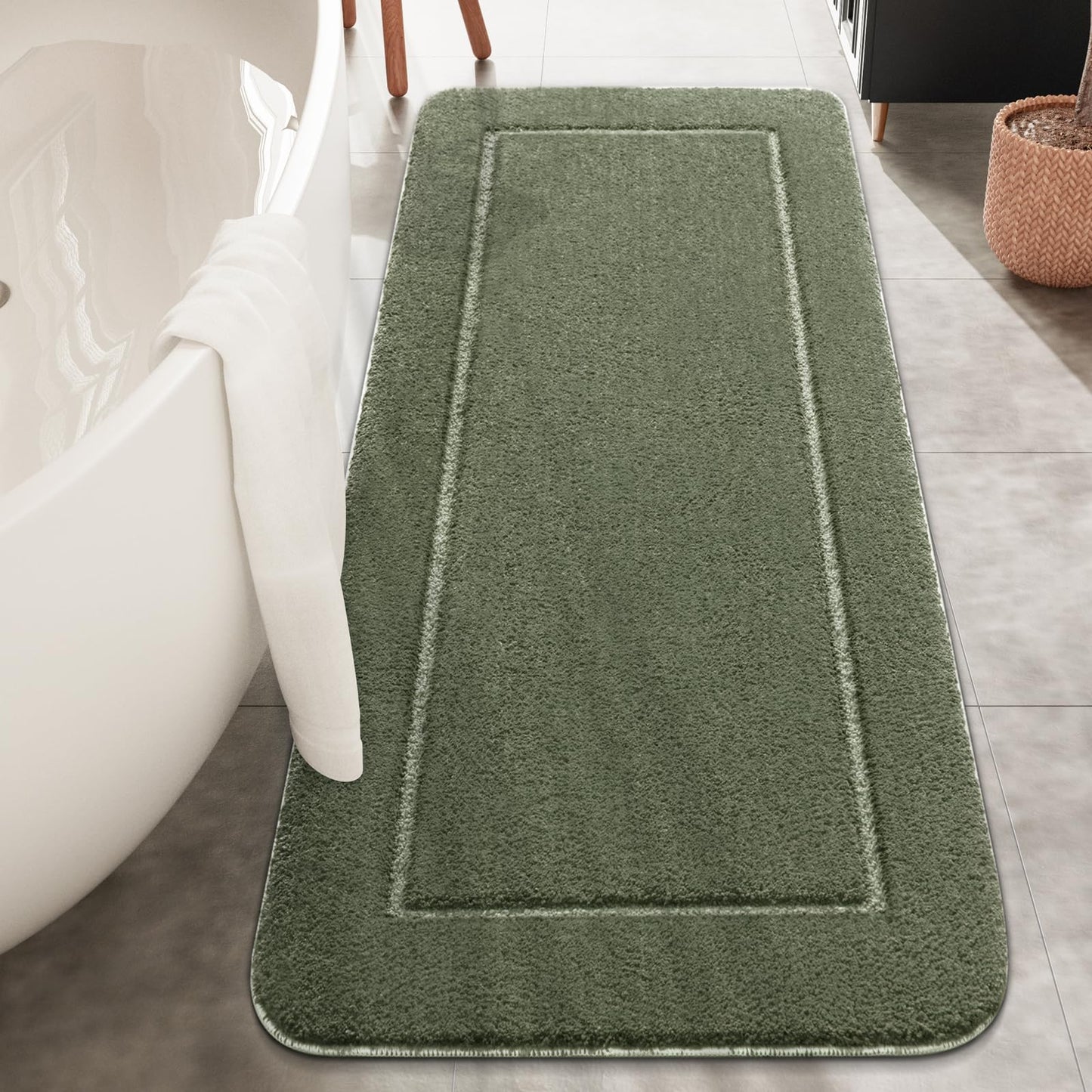 HOMORE Long Bathroom Runner Rugs 24x60 Inch, Absorbent Non Slip Washable Bathroom Rug, Luminous and Luxury Plush Bath Rugs Mats for Shower Floor, Sage Green