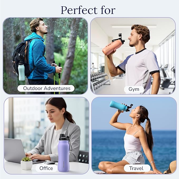 Insula Stainless Steel Water Bottle with Spout & Straw lid, BPA Free & Leakproof, Double Walled Vacuum Insulated water bottle for Sports, Bike, Travel & Hiking (Midnight Black, 24 Oz)
