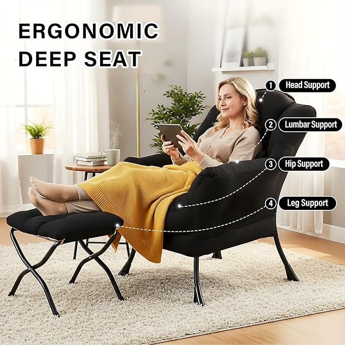 Furlide Lazy Chair with Ottoman, Comfy Fabric Accent Lounge Arm Chair with Lumbar Pillow and Folding Footrest, Reading Leisure Sofa Chair for Bedroom, Living Room, Dorm,Black