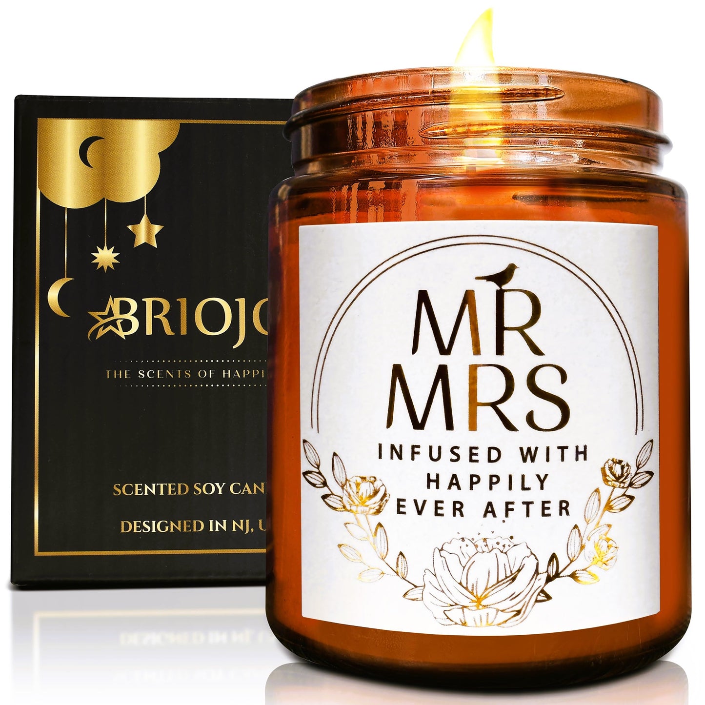 Briojoy Wedding Gifts for Bride, Groom - Mr and Mrs Candle - Happy Engagement Gift for Her, Bride to Be - Gifts for Bridal Shower, Newlywed, Married Couples Anniversary - Jasmine Scented Soy Candle