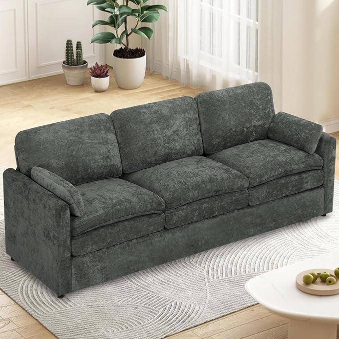 ACMEASE 89” Chenille Sofa w/Arm Pillows, Upholstered 3-Seater Sofa w/Comfortable Back Cushions, Modern 3 Seats Couch w/High-Density Foam for Living Room, Apartment, Office, Grey