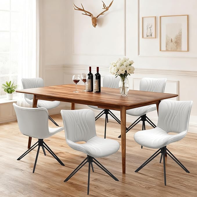 VATROS Dining Chairs Set of 6, 360° Swivel Upholstered Mid-Century Modern Kitchen Dining Room Chairs, Armless Faux Leather Accent Side Chair with Padded Back, Metal Legs for Living Room Bedrooms,White