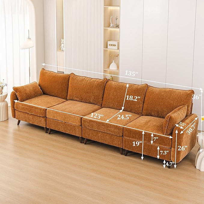 Rexulqo 135'' Modular Sectional Sofa with All Seats Storage,Oversized 4-Seater Comfy Cloud Couches with 7.8'' Thick Cushion,24.5'' Deep Seat,Big Couch for Living Room,Bedroom,Velet,Yellow