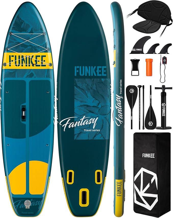 FUNKEE 11’×34"×6" Extra Wide Inflatable Stand Up Paddle Board, Sup Board with Removable Fins, Backpack, Floating Paddle, S...