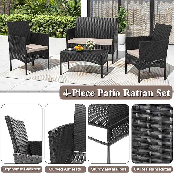 ASJMR 4 Piece Patio Rattan Conversation Set, Outdoor Rattan Chair Wicker Furniture Set, Couple Seats and Tempered Glass Table,Comfort Seat for Patio, Pool or Backyard