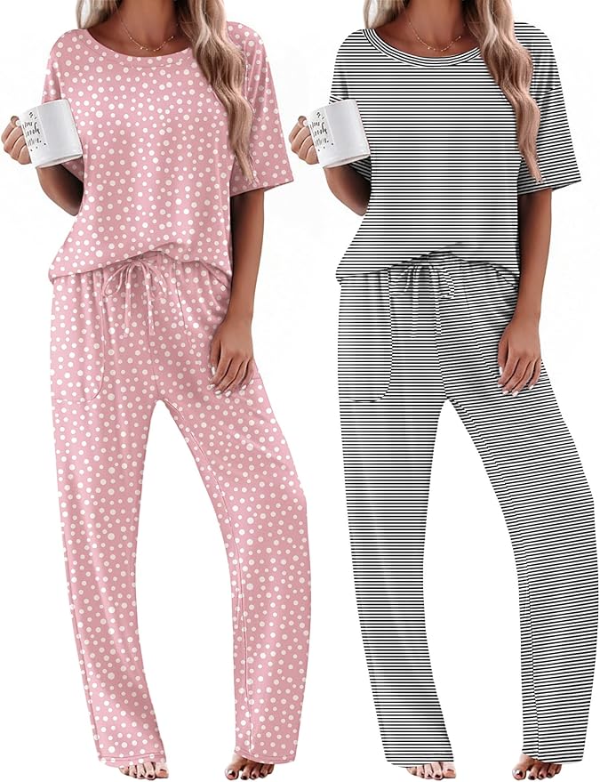 Ekouaer 2 Pack Womens Pajama Sets Short Sleeve Tops and Long Pants Casual Comfy Pjs Lounge Set with Pockets,S-XXL