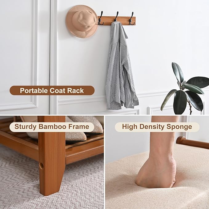 Homman Shoe Storage Bench with Coat Rack, 27.6in Hall Tree Shoe Rack, 3-Tier Bamboo Entryway Bench Holds Up to 330lb for Bedroom Hallyway