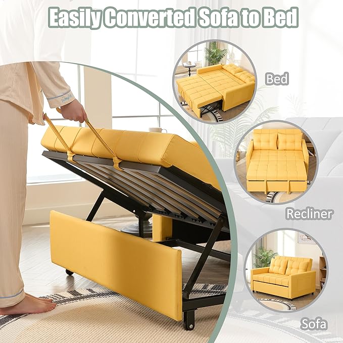 GOSUHI 52" Sleeper Sofa with Pull-Out Bed, 3-in-1 Convertible Sofa Bed, Loveseat with Stepless Adjustable Backrest and Side Pocket, for Living Room Dorm Apartment, Linen, Yellow