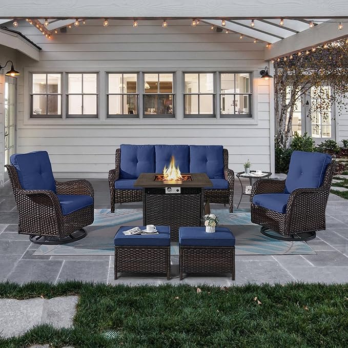 Belord Outdoor Patio Furniture Set with Propane Fire Pit Table, 7 Pieces Wicker Patio Conversation Set with 2 Swivel Glider Rocker Chairs Rattan Sofa Blue Cushion Perfect for Casual Gathering