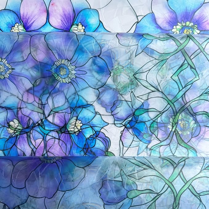 Etched Window Privacy Film Blue Purple Floral Sliding Glass Door Tint No Glue Static Cling Decals 3D Rainbow Decorative Covers Iridescent Anti UV Removal DIY Home Office,17.5X78.7in.