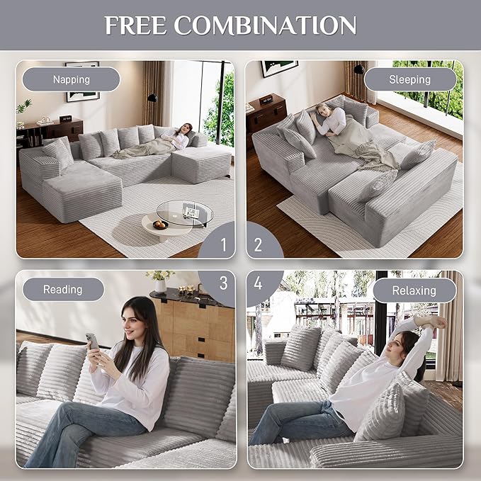 Modular Sectional Sofa, 130" U Shaped Cloud Couch Plush Corduroy Deep Seat Boneless Sofas with 8 Pillows Double Chaise Lounge Sectional Couches with Memory Foam for Living Room - Light Grey