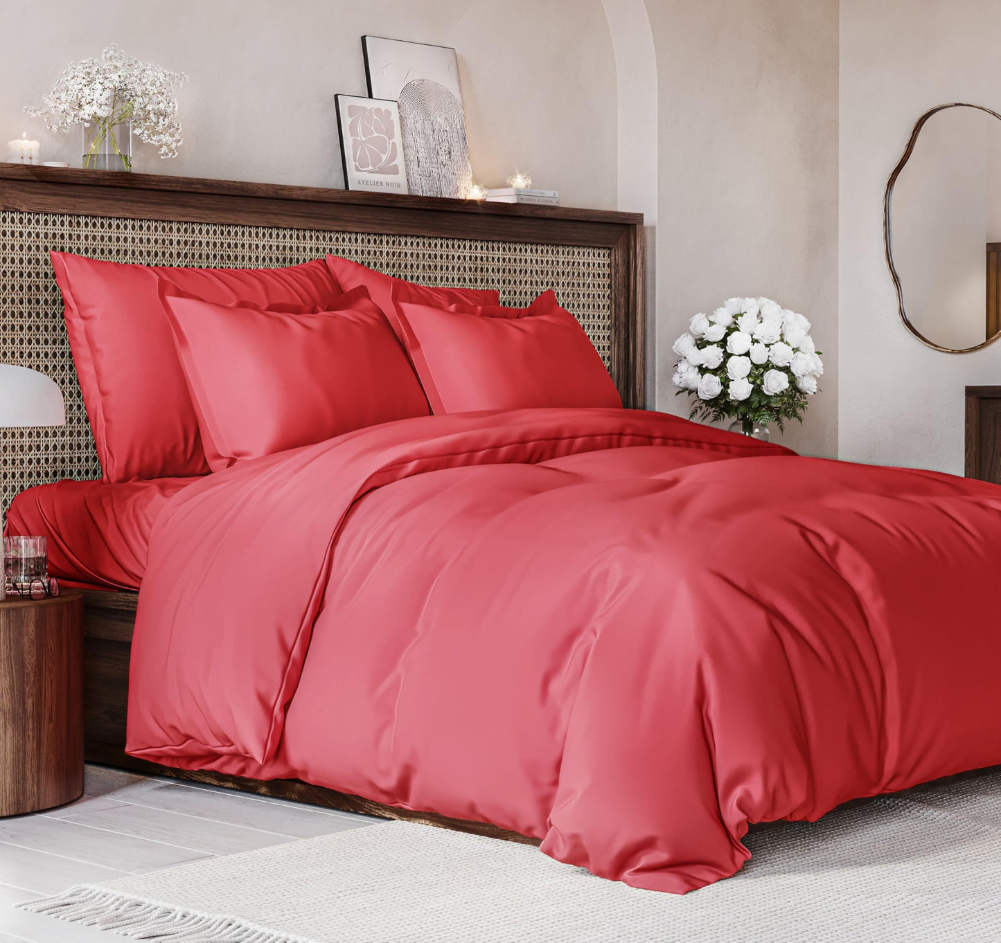 Duvet Cover Queen Size Set - Extra Soft Queen Size Duvet Cover 90 x 90 with 2 Pillow Shams - Hotel Luxury Quality Easy Care and Fade Free w/ Zipper Closures & Ties - Comfy Breathable Bedding Set (Red)