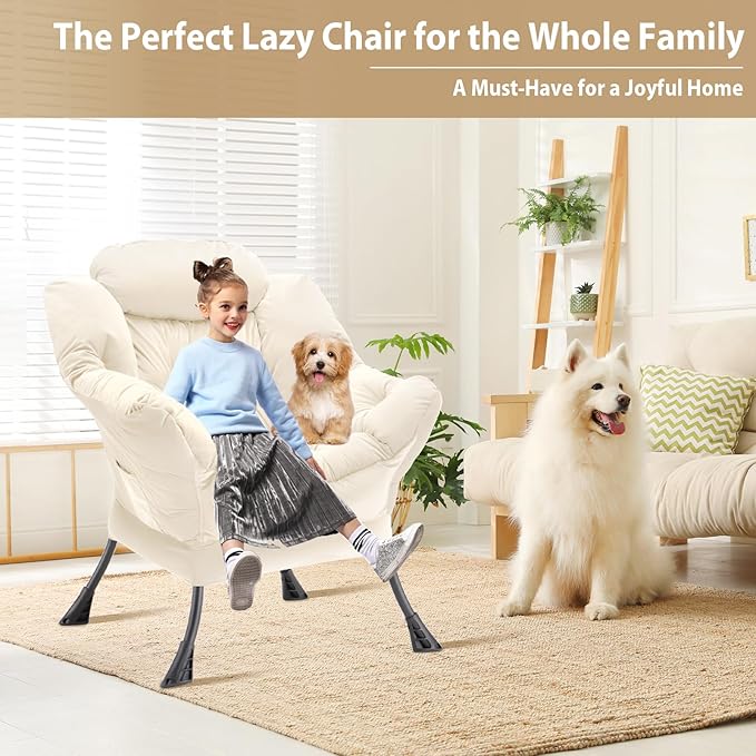 Youtanic Lazy Chair Thick Padded, Comfy Velvet Accent Lounge Chair with Stable Frame, Leisure Sofa Armchair with Armrests and Side Pocket, Reading Chair for Bedroom, Living Room, Office, Beige