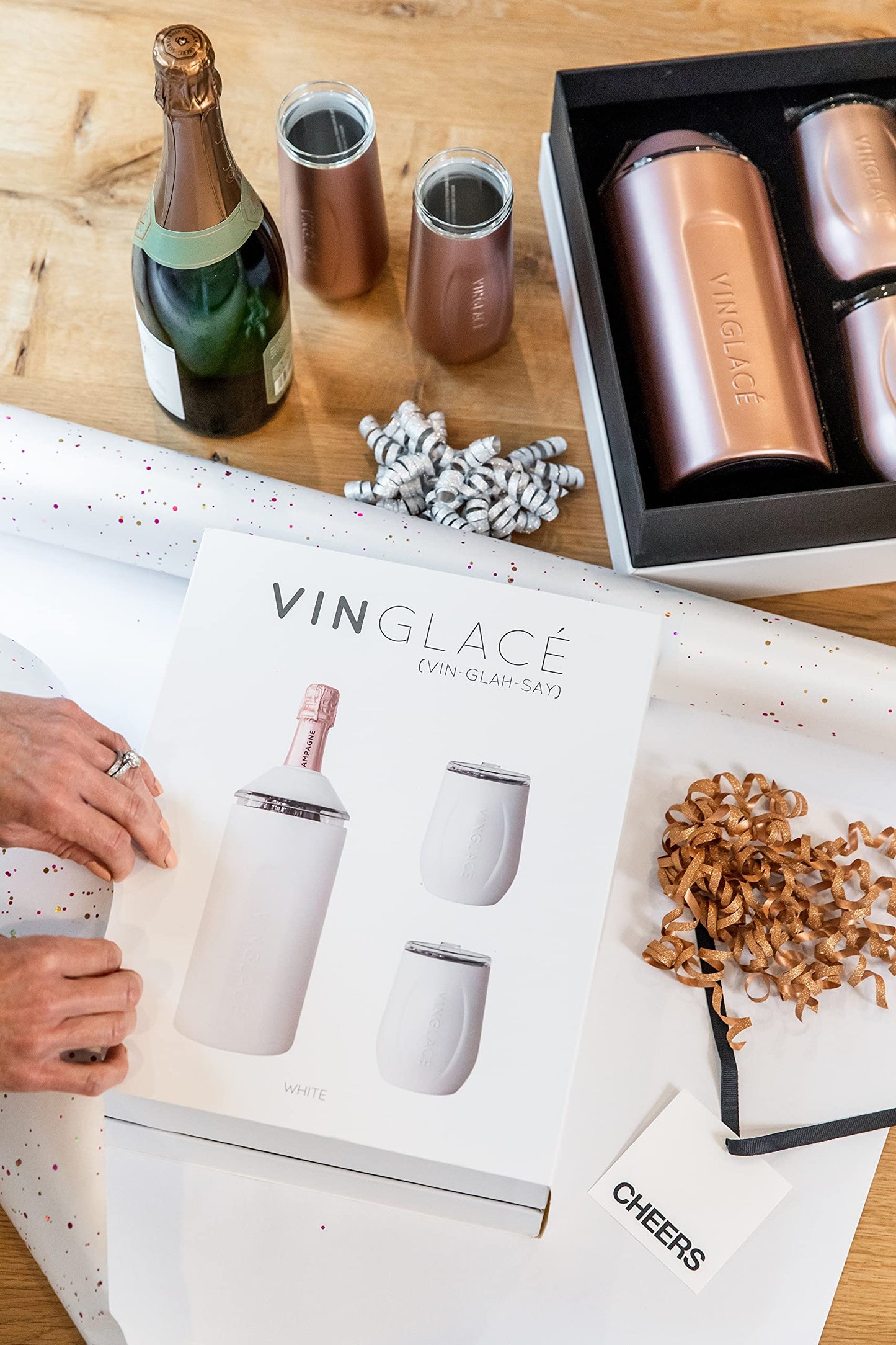Vinglacé Champagne Bottle Chiller Gift Set- Portable Stainless Steel Sparkling Wine Cooler with 2 Stemless Champagne Flutes, White
