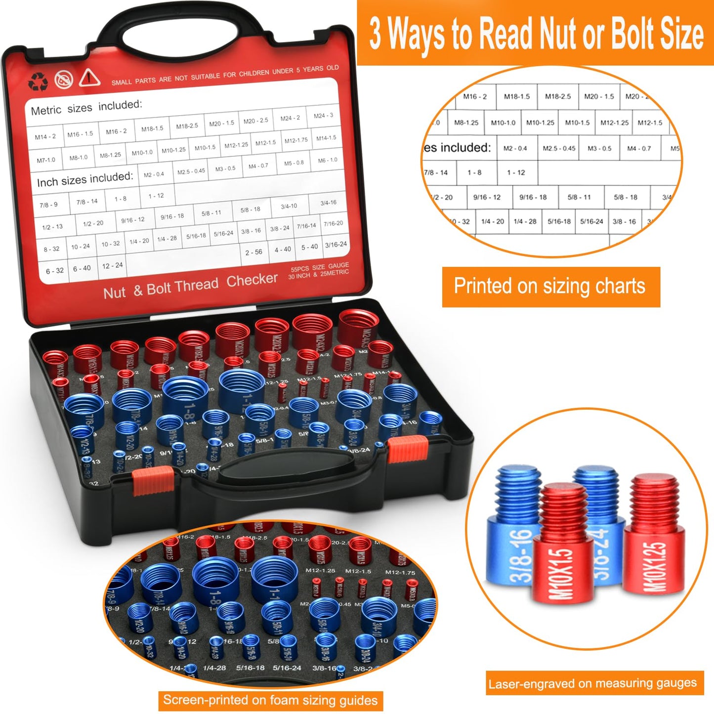 55 Pcs Nut and Bolt Thread Checker (25 Metric & 30 Standard), Bolts and Nut Identifier Thread Gauge, Detachable Bolt Size Finder Especially for Tight Spaces