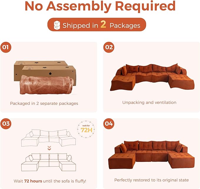 MAXYOYO 129.5" Modular Sectional Sofa Couch, U Shaped Modern Cloud Couch with 2 Ottomans, Sofa in A Box, Tufted 6-Seat Boneless Sleeper Chair for Living Room, No Assembly Required, Orange