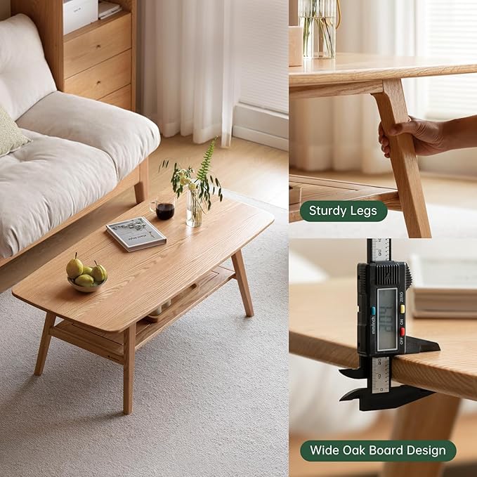 Wayshome 100% Solid Oak Wood Coffee Table for Living Room, 2-Tier Small Coffee Tables with Shelf Storage, Mid Century Modern Table with Rounded Corners (Natural, 39.37" x 19.68" x 17.32")