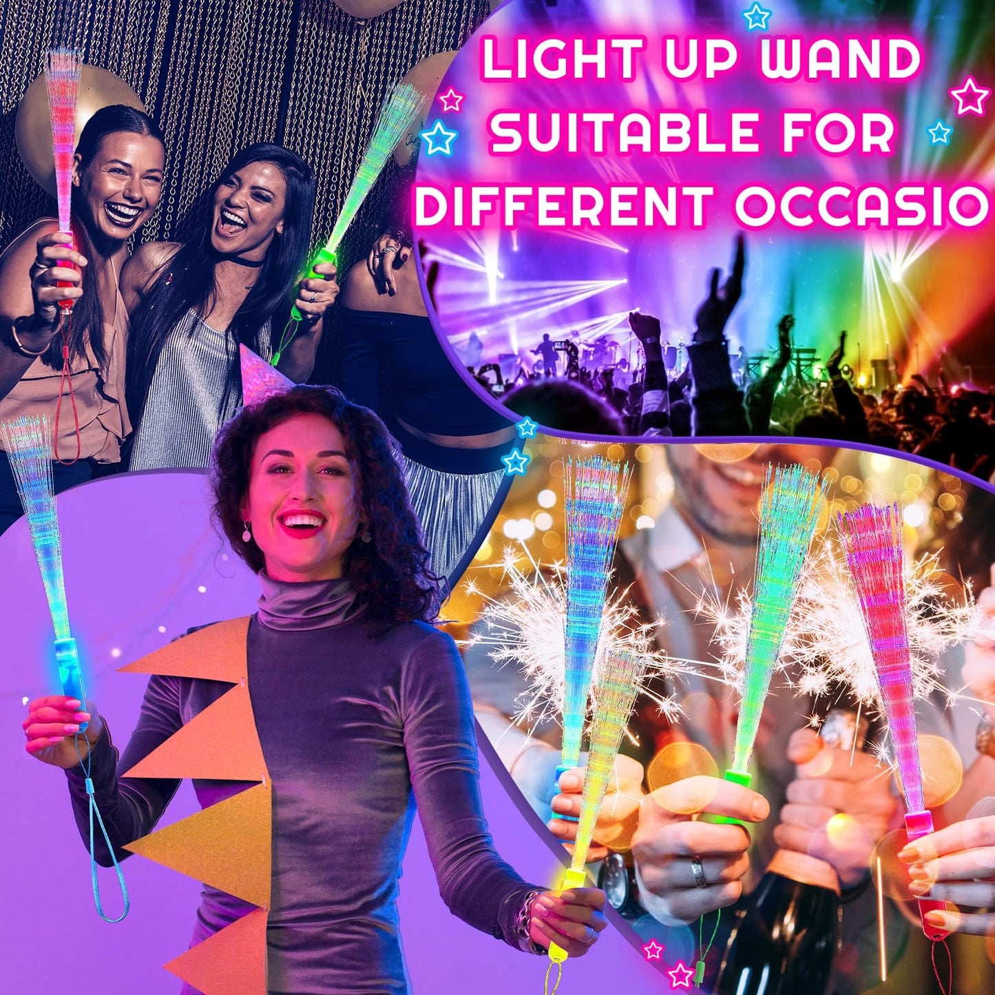 Zhanmai 24 Pieces Upgraded Glow Fiber Wands Sticks, LED Light Fiber Optic Wands LED Flashing Glow Sticks Supplies for Wedding Party Favors