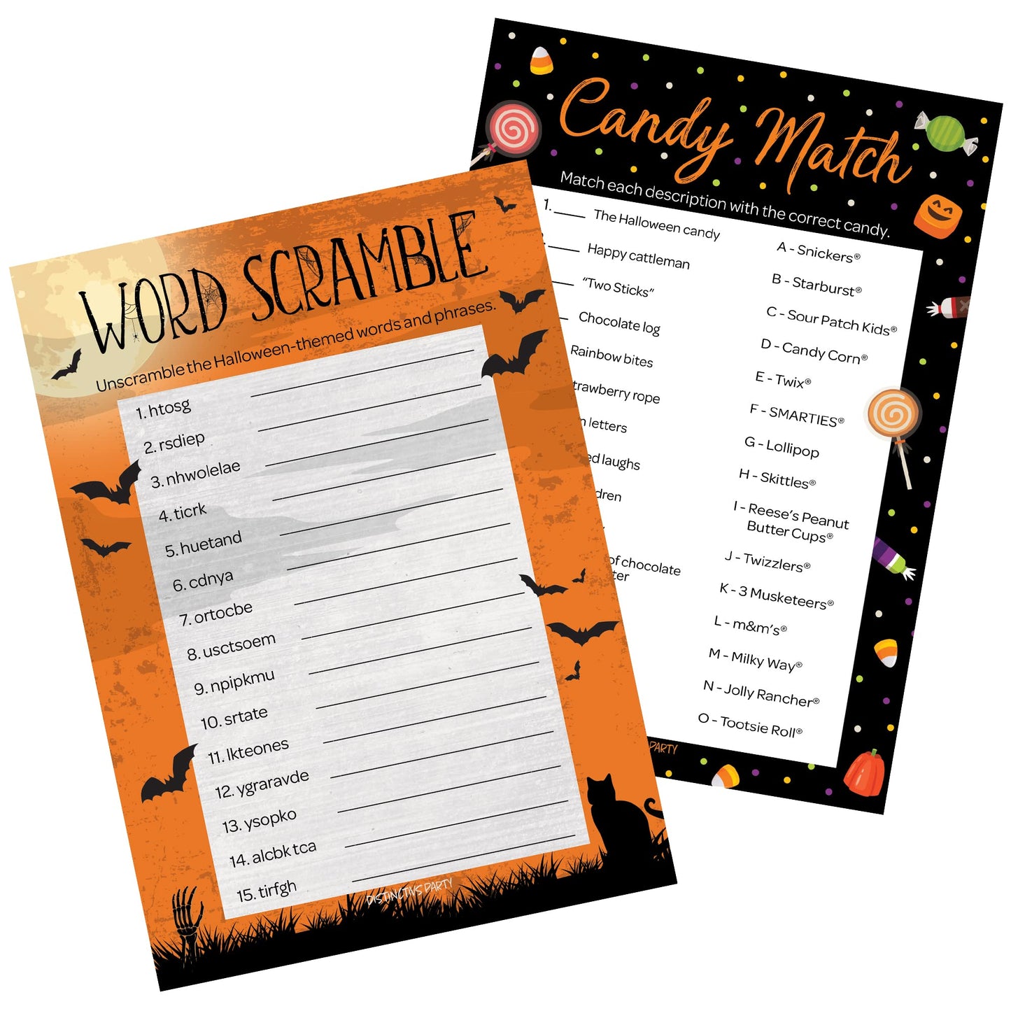 DISTINCTIVS Halloween Party Games – Word Scramble and Candy Match 2 Game Bundle, 25 Dual-Sided Cards for Kids, Adults, Classrooms, and Fall Events