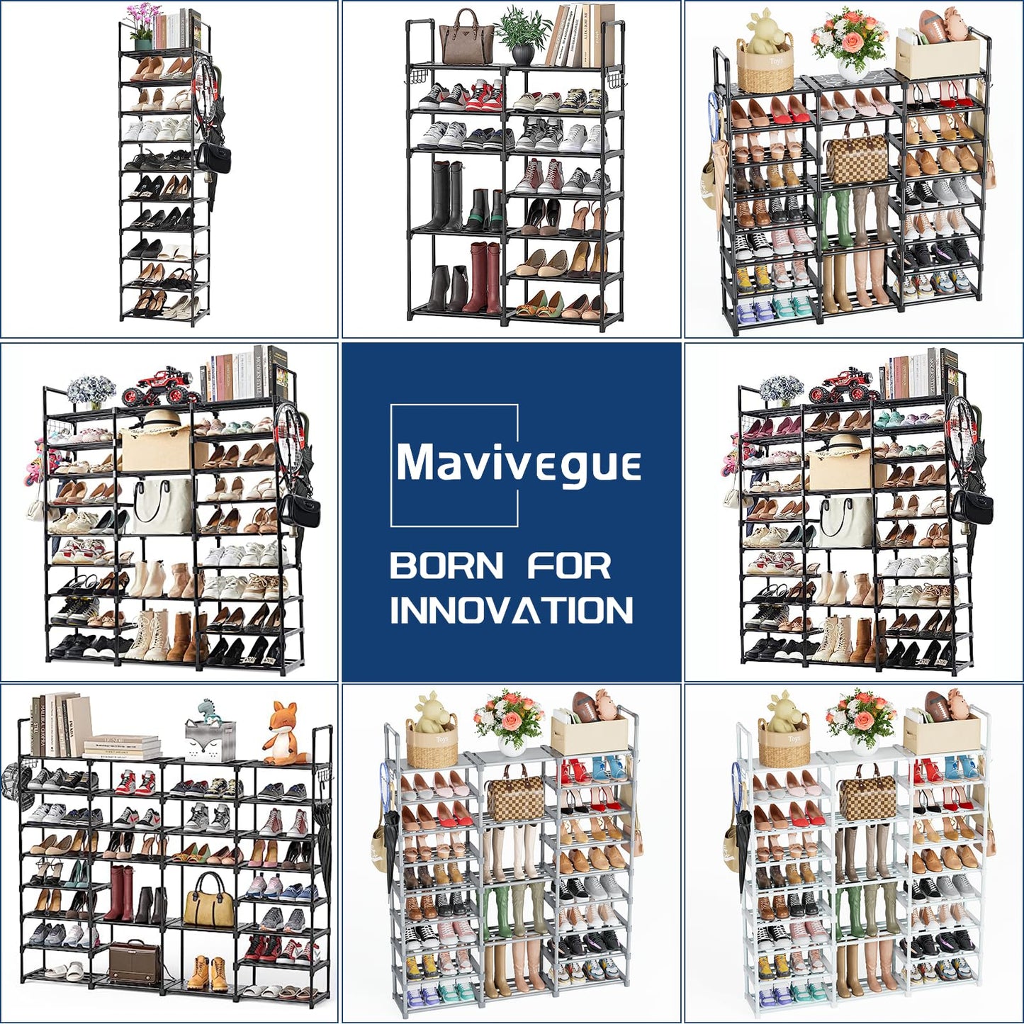Mavivegue 9-Tier Metal Shoe Rack - Holds 50-55 Pairs, Tall Storage Shelf for Shoes, Boots, Entryway, Closet, Garage