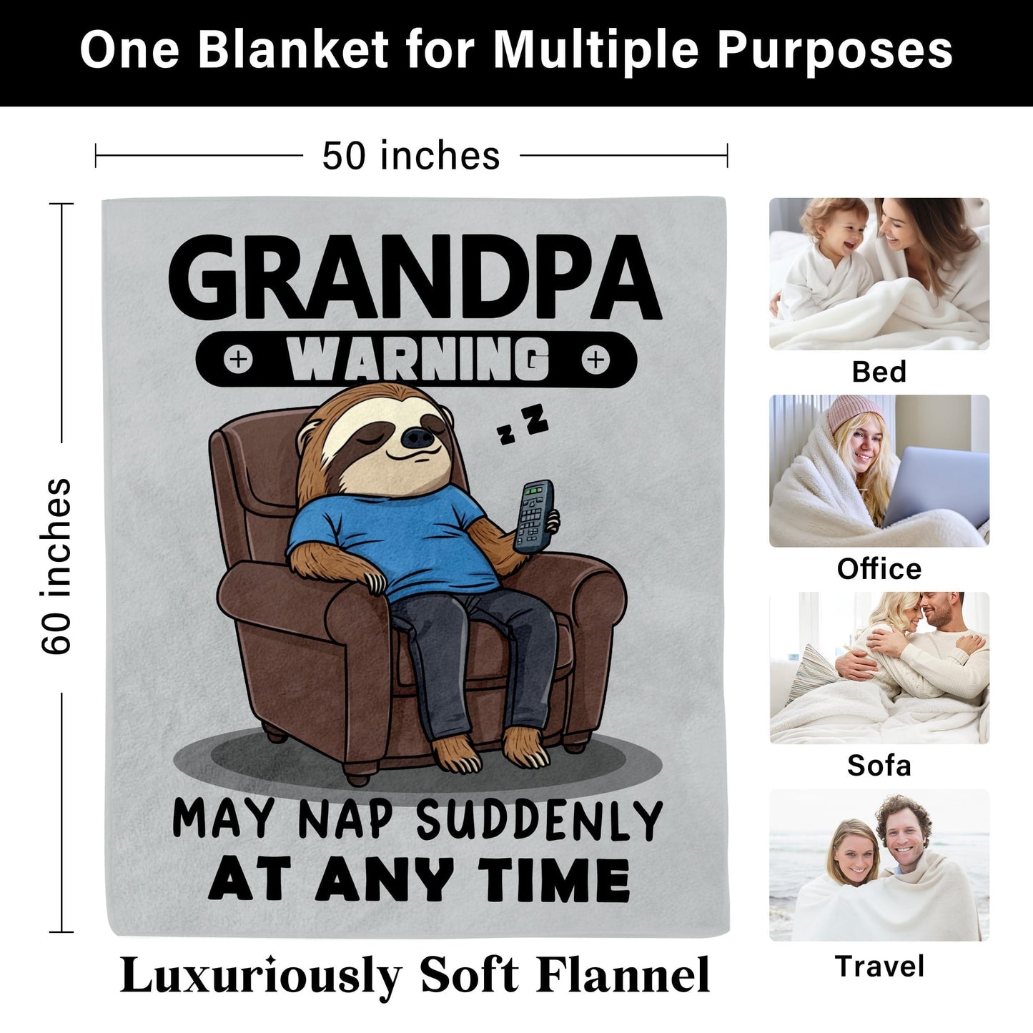 Grandpa Gifts, Blanket Gifts for Grandpa from Grandkids, Grandfather Birthday Gift, 60"×50" Funny Flannel Blanket for Granfather on Christmas Valentines Fathers - Warning May Nap Suddenly at Any Time
