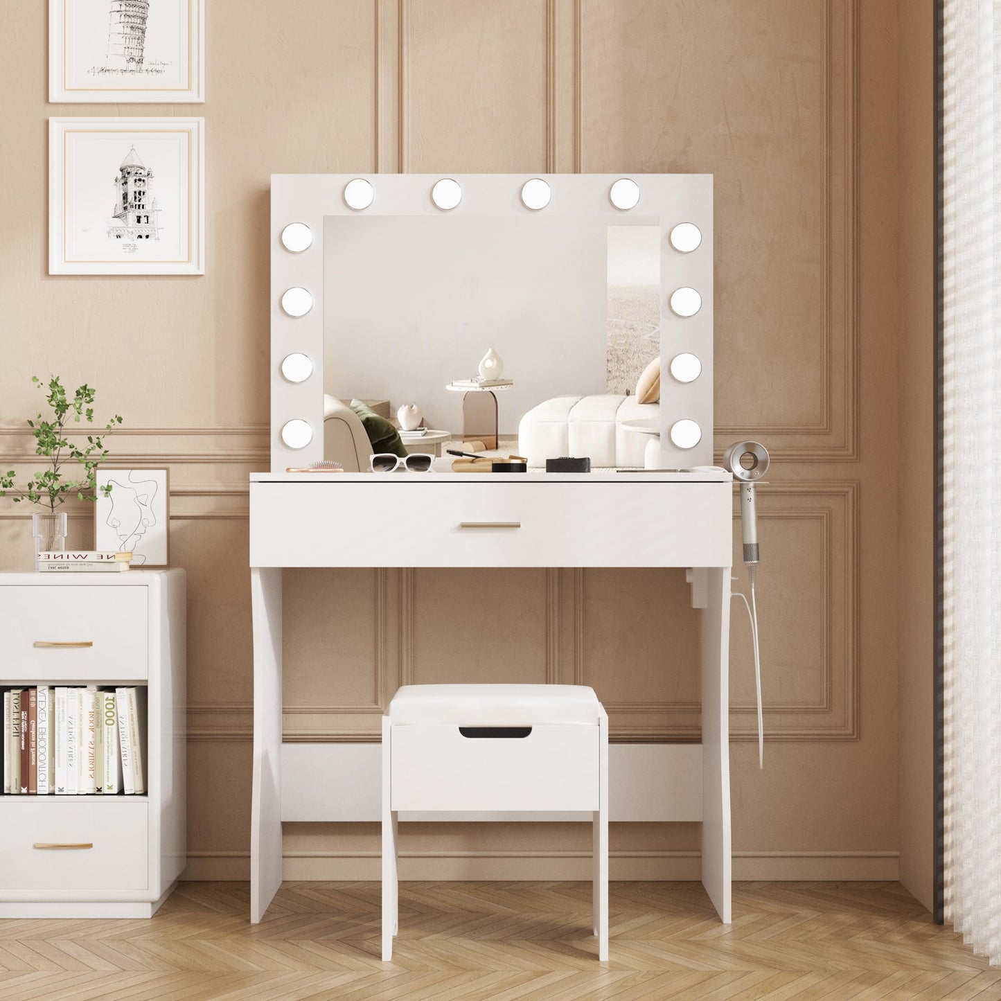 Vanity Desk with Lights, Makeup Vanity Desk with Lighted Mirror and Charging Station, ，3 Lighting Modes Adjustable Brightness,Makeup Vanity Set with Cushioned Chair