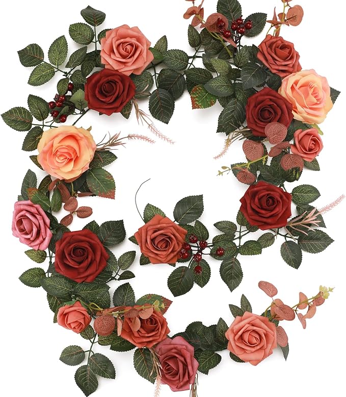 5FT Terracotta Artificial Flower Garland Fall Floral Garland Burnt Orange Arch Rose Vine for Wedding Ceremony Party Backdrop Decor Arch Flowers Mantel Table Centerpieces Decorations