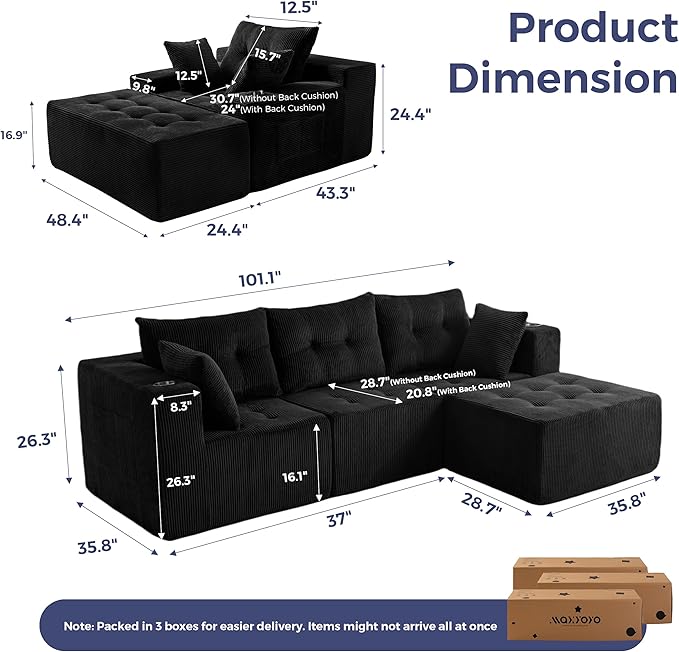 MAXYOYO Modular Sectional Sofa Couch and Chaise Lounge, L Shaped Modern Cloud Couch with Ottoman, Sofa in A Box, Tufted Boneless Sleeper Chair with Deep Seating, No Assembly Required, Black
