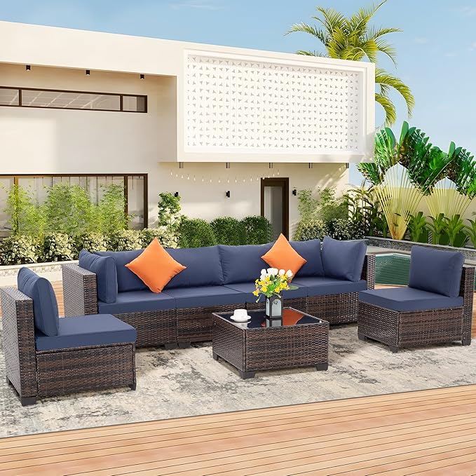 FHFO 7 Pieces Outdoor Patio Furniture Set, Wicker Sectional Sofa Set Rattan Modular Patio Conversation Sets with Cushions Couch Set & Coffee Table for Outside, Garden, Balcony, Porch, Brown-Blue