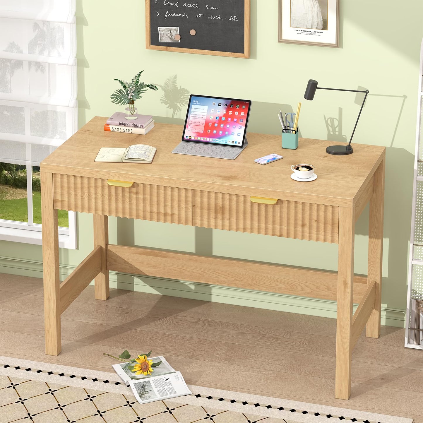 YOMILUVE Fluted Computer Desk with 2 Drawers, 39 Inch Small Computer Desk with Power Outlets, Compact Writing Study Desk for Small Spaces