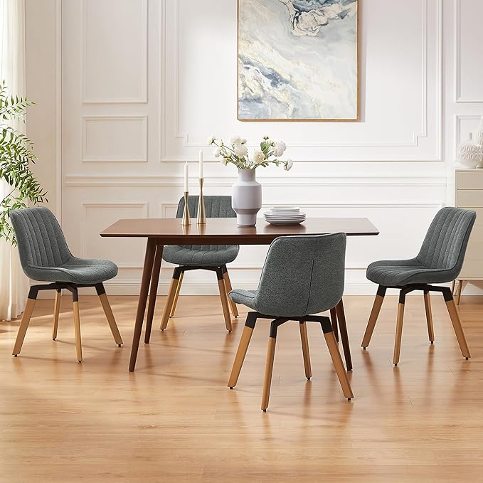 Art Leon Dining Chairs Set of 4, Mid Century Modern Swivel Dining Room Chairs, Fabric Upholstered Armless Side Chairs with Wood Legs for Kitchen Living Room Bedroom, Dark Gray