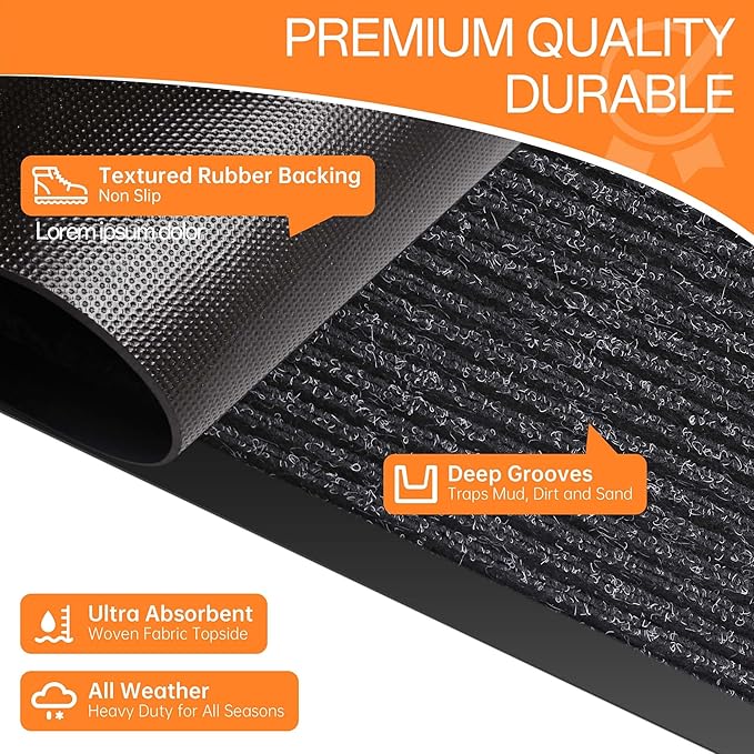 Indoor Outdoor Door Mat, 5’ x 4' Doormat for Entryway, Rubber Backing Non Slip Front Door Mat Outside Entrance, Super Absorbent Commercial Floor Mat for Home Office Black