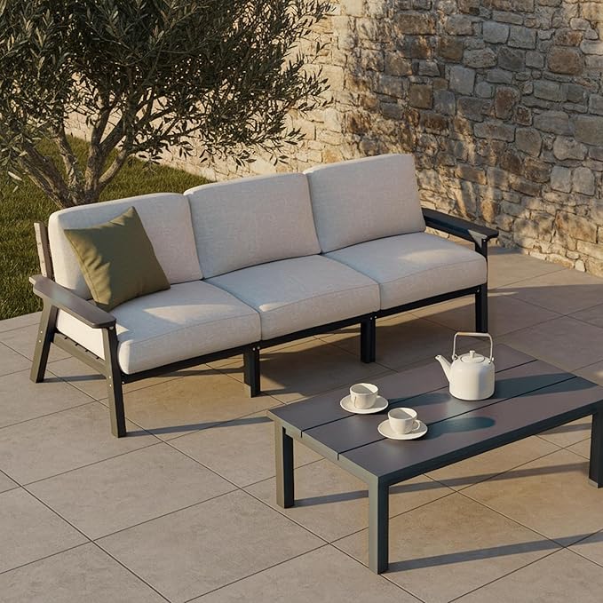 Patio Kingdom Patio Furniture Set 3 Seats, HDPE Outdoor Sectional with Washable Beige Thick Cushions, Coffee Table & Side Table, Patio Conversation Sets for Lawn, Garden, Porch, Balcony (Grey Frame)