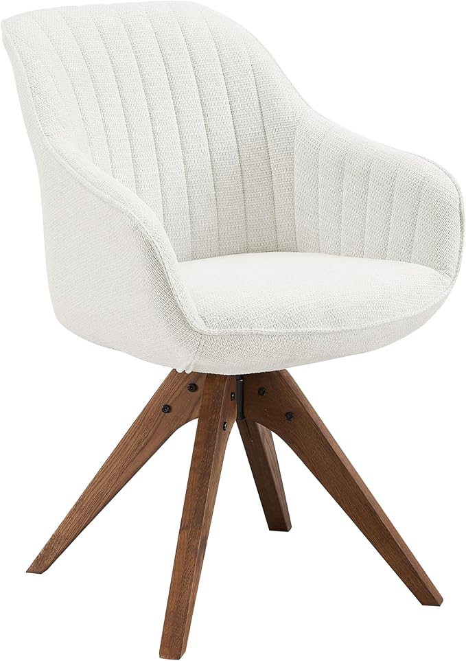 Art Leon Dining Chair, Mid Century Modern Fabric Upholstered Swivel Dining Room Chair with Wood Legs, Leisure Side Chair with Arms for Living Room, Ivory