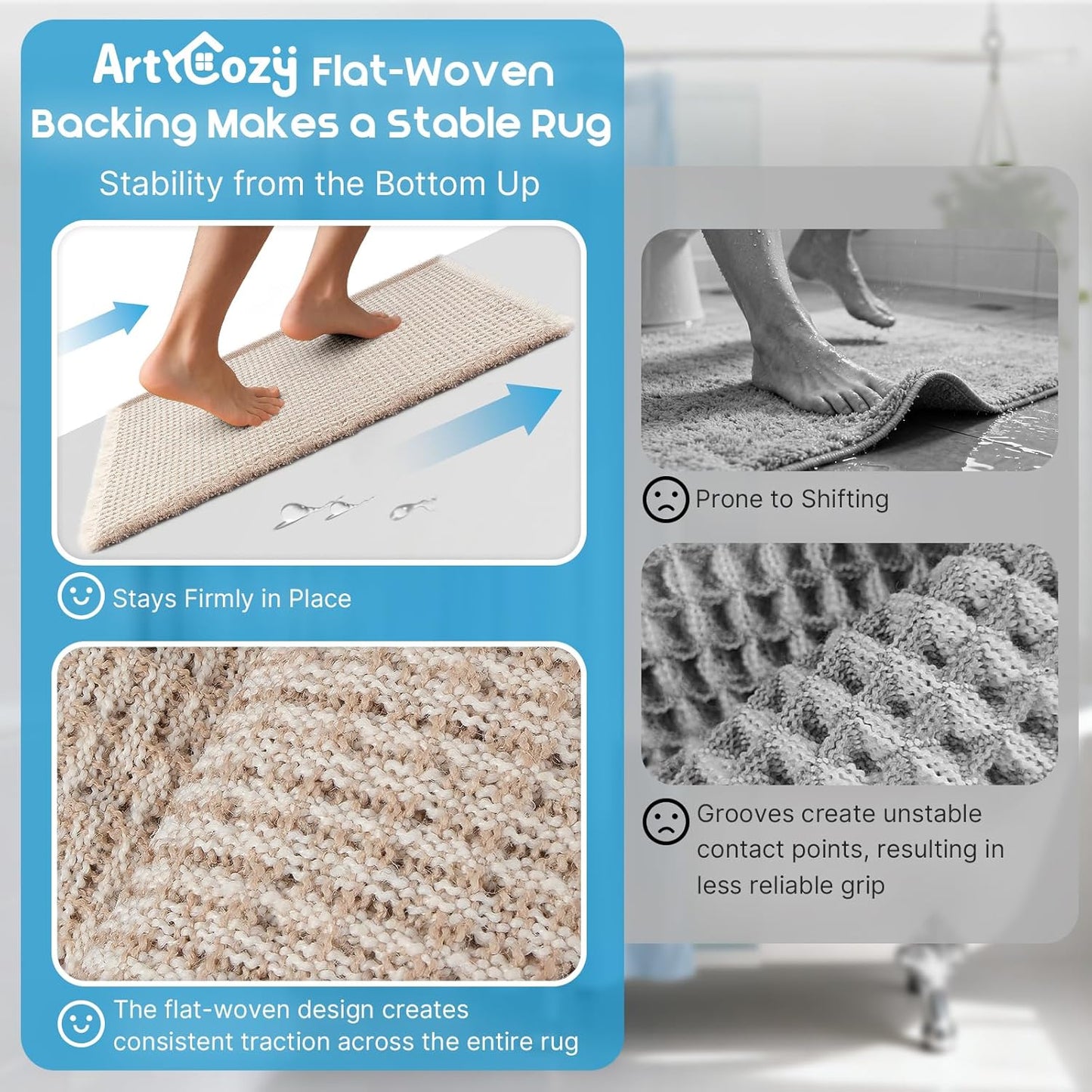 ArtyCozy Waffle Bath Mat, Super Absorbent Soft Non-Slip Boho Bath Rugs with Flat-Woven Hot Glue Backing for Bathroom, Machine Washable Bath Mats, 24" × 72", Brown & White