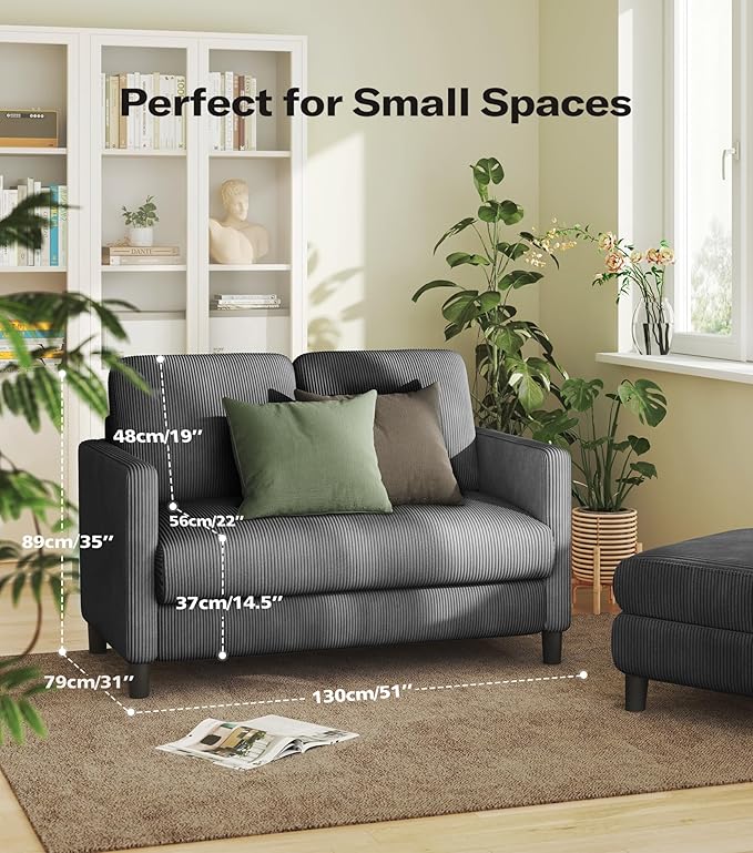 Welzona Loveseat Sofa, 51" Love Seat, Comfy Corduroy Small Loveseat for Small Spaces, Tool-Free Setup Couch for Bedroom, All-Wood Couches for Living Room, No Pillow Included, Grey