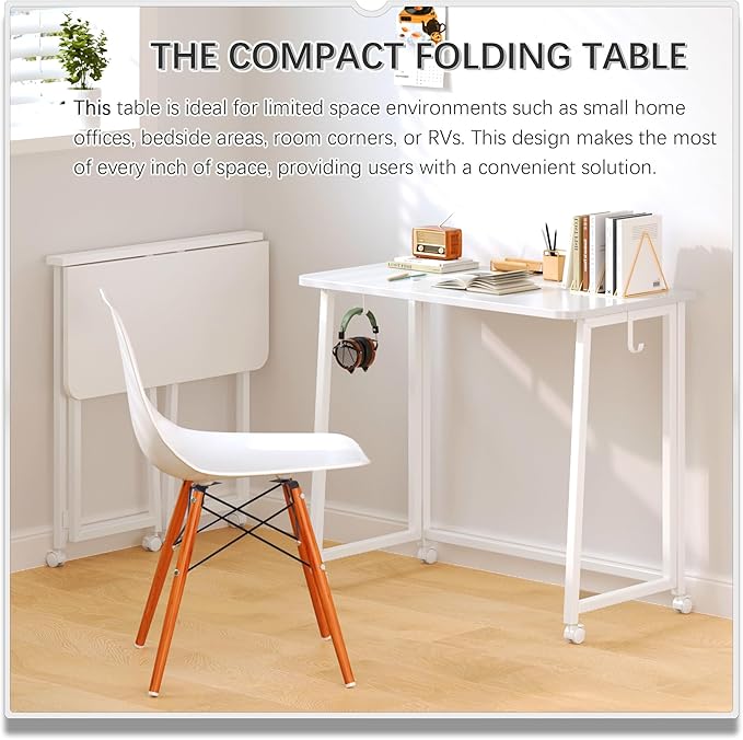 4NM 31.5" Mobile Small Folding Desk, Foldable Rolling Computer Home Office Desk, Study Writing Table for Small Space Saving Bedroom, with Wheels - All White
