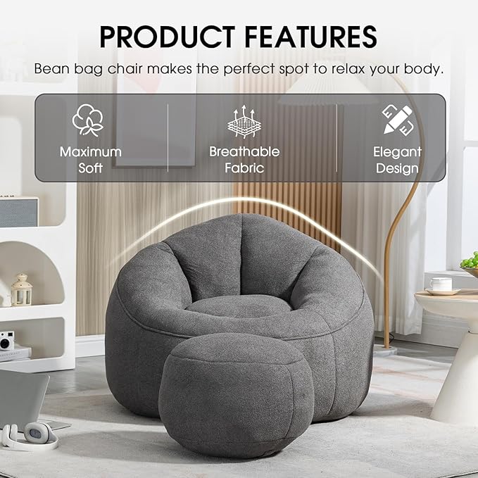 Sudwesto Bean Bag Chair for Adult, Microfiber Upholstered Bean Bag Sofa with Petal Back, Shell-Shaped Beanbag Chair with Footstool, Memory Foam Stuffed Lazy Sofa for Living Room, Bedroom (Grey)