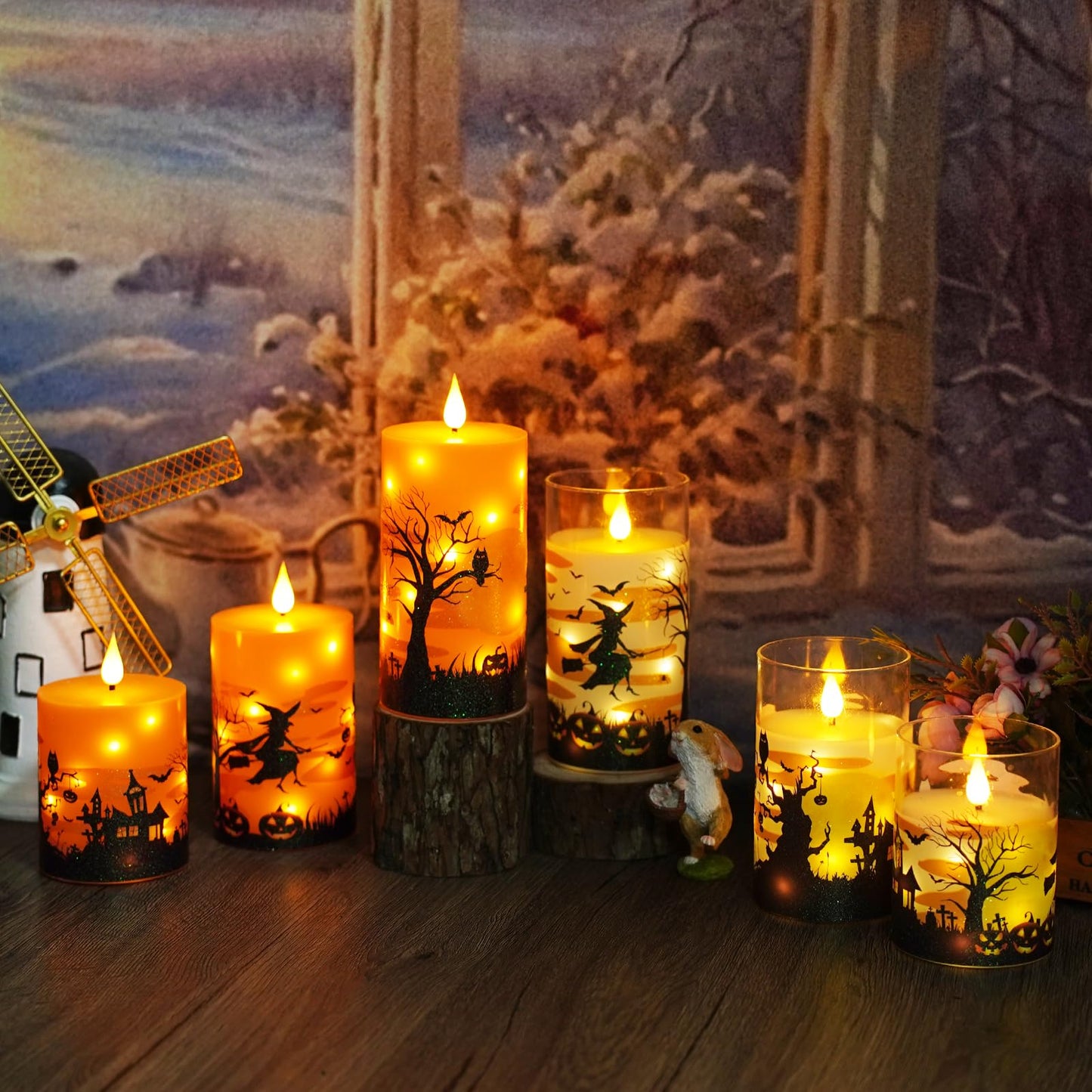 Sasigeiaa Halloween Flameless Candles with Remote - Orange LED Candles & String Lights, Battery Operated Set of 3 (D3 x H4/5"/6") for Window Decor, Halloween Decoration,Living Room Decoration