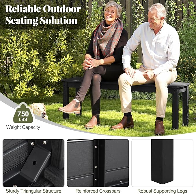 Tangkula HDPE Outdoor Bench, 2-3 Person Patio Bench, 55" Backless Garden Dining Bench with Slatted Seat, Weatherproof Park Bench for Entryway, Porch, Lawn & Backyard (Black,1)